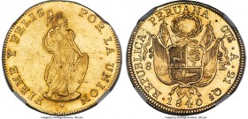 Republic gold 8 Escudos 1840 CUZCO-A MS62 NGC, Cuzco mint, KM148.3. A piece which, while typically softly struck towards the center of the obverse, pr...