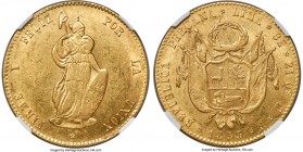 Republic gold 8 Escudos 1853 LIMA-MB AU55 NGC, Lima mint, KM148.4, Fr-62. Displaying light friction throughout lustrous fields and very nearly lacking...