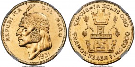 Republic gold "Inca" 50 Soles 1931 MS63 NGC, Lima mint, KM219. Mintage: 5,538. A low-mintage type that proves endlessly collectible, and one which onl...