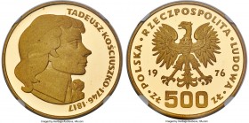 People's Republic gold Proof "Tadeusz Kosciuszko" 500 Zlotych 1976-MW PR69 Ultra Cameo NGC, Warsaw mint, KM-Y83. Deep watery fields with heavily frost...