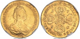 Catherine II gold 10 Roubles 1780-СПБ XF40 NGC, St. Petersburg mint, KM-C79b, Bit-38 (R), Fr-129b. Crowned bust right / Crowned cruciform shields, dat...