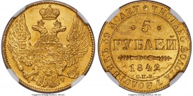 Nicholas I gold 5 Roubles 1842 CПБ-AЧ MS65+ NGC, St. Petersburg mint, KM-C175.1, Fr-155, Bit-19. Quite choice, with vibrant satiny luster and fields e...