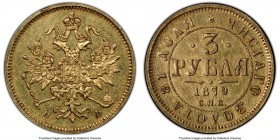 Alexander II gold 3 Roubles 1879 CПБ-HФ AU Details (Cleaning) PCGS, St. Petersburg mint, KM-Y26, Fr-164 (Rare), Bit-42 (R2), Uzd-0276. Obv. Crowned do...