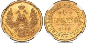 Alexander II gold 5 Roubles 1858 CПБ-ПФ MS62 NGC, St. Petersburg mint, KM-YA26, Fr-163, Bit-4. Sharply rendered, with bright yellow-gold surfaces and ...