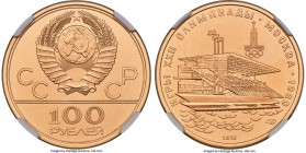 USSR gold Matte Proof 100 Roubles 1978-(I) 1978 PR69 NGC, St. Petersburg mint, KM-Y162. Variety with date below the waterslide grandstand. Obv. Nation...