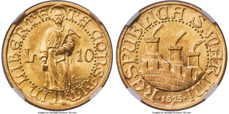 Republic gold 10 Lire 1925-R MS66 NGC, Rome mint, KM7. Among the finest certifie...