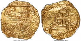 Philip II (1556-1598) gold Cob 2 Escudos 1591/0 S-H MS62 NGC, Seville mint, Cal-72, cf. Cay-4120 (overdate unlisted). 6.70gm. A scarce, and relatively...