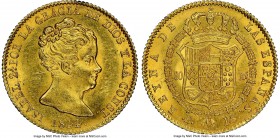 Isabel II gold 80 Reales 1844 B-PS MS63 NGC, KM578.1. De Vellon coinage. Large Bust variety. Slightly flashy to the obverse, with rich satiny luster e...