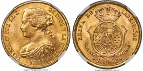 Isabel II gold 100 Reales 1861 MS66 NGC, Seville mint, KM605.3, Fr-331. Type with 7-pointed stars. A lustrous offering demonstrating inviting visual a...