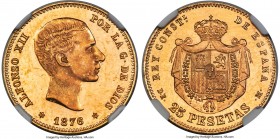 Alfonso XII gold 25 Pesetas 1876(76)-DEM MS65+ Prooflike NGC, Madrid mint, KM673, Fr-342. Exuding bright copper-gold color amidst noteworthy reflectiv...