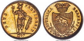 Bern. City gold 1/2 Duplone 1797 MS63 NGC, KM162, Fr-188, HMZ-2-216. Notable as a one-year type, presenting Prooflike glimmer throughout the rose-gold...