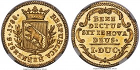 Bern. City gold Ducat 1788 MS66 S NGC, KM137, Fr-172, HMZ-2-215e. Razor-sharp in every minute element of the design, with astoundingly brilliant golde...