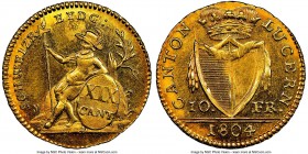 Lucerne. Canton gold 10 Franken 1804 MS63+ NGC, KM98, Fr-327. A mixture of gloss and satin combine on this cantonal gold issue, along with the presenc...