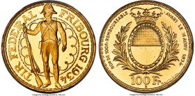 Confederation gold "Fribourg Shooting Festival" 100 Francs 1934-B MS67 PCGS, Bern mint, KM-XS19. At the very peak of preservation yet seen by either P...