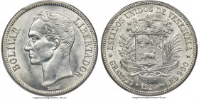 Republic 5 Bolivares 1926-(p) MS62 PCGS, Philadelphia mint, KM-Y24.2. A well-known type in circulated grades, proving a distinctive rarity when found ...