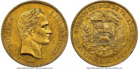 Republic gold 100 Bolivares 1886 MS61 NGC, Caracas mint, KM-Y34, Fr-2. An inviting sun-gold offering revealing a compelling display of lustrous warmth...