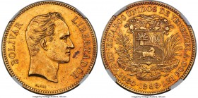 Republic gold 100 Bolivares 1888 MS61 NGC, Caracas mint, KM-Y34, Fr-2. Mintage: 32,000. Richly toned to a fiery golden hue, the preservation of this p...