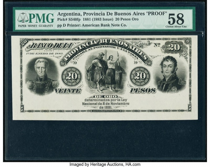 Argentina Provincia de Buenos Aires 20 Pesos Oro 8.11.1881 Pick S540fp Proof PMG...