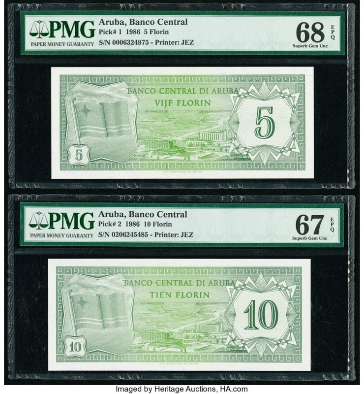 Aruba Banco Central 5; 10 Florin 1.1.1986 Pick 1; 2 PMG Superb Gem Unc 67 EPQ; S...