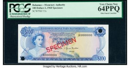 Bahamas Monetary Authority 100 Dollars 1968 Pick 33s Specimen PCGS Very Choice New 64PPQ. Cancelled with 2 punch holes. 

HID09801242017

© 2020 Herit...