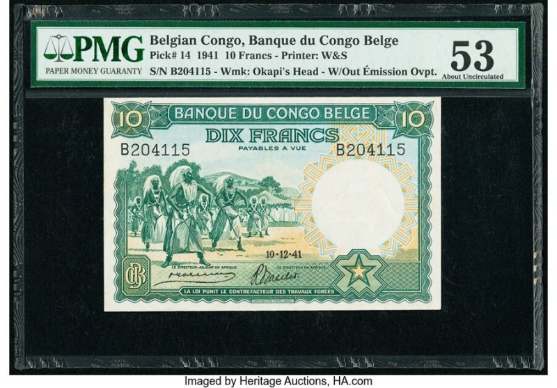Belgian Congo Banque du Congo Belge 10 Francs 10.12.1941 Pick 14 PMG About Uncir...