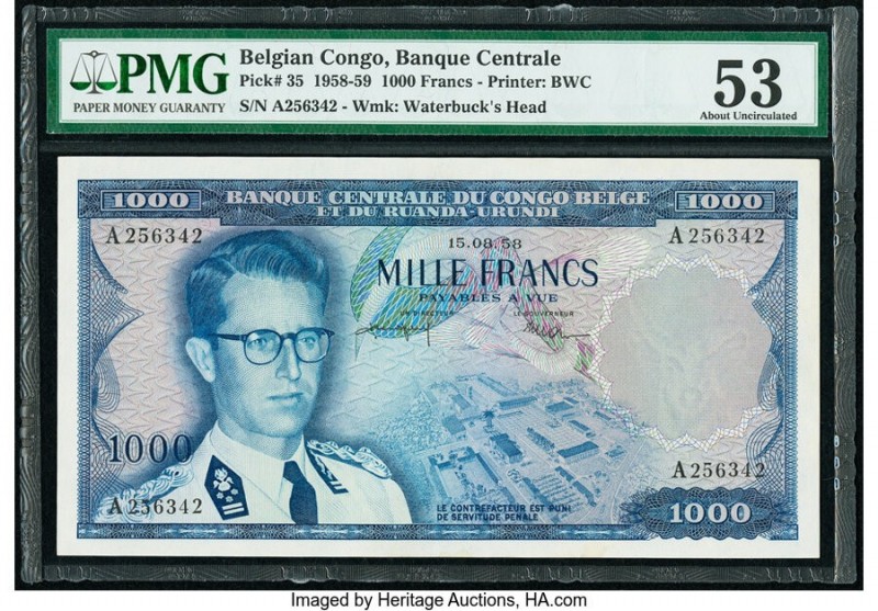 Belgian Congo Banque Centrale du Congo Belge 1000 Francs 15.8.1958 Pick 35 PMG A...