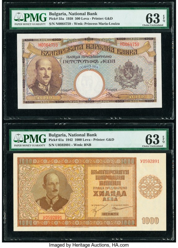 Bulgaria Bulgaria National Bank 500; 1000 Leva (1938-1942) Pick 55a; 61a PMG Cho...