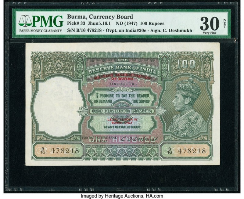 Burma Currency Board 100 Rupees ND (1947) Pick 33 Jhun5.16.1 PMG Very Fine 30 Ne...