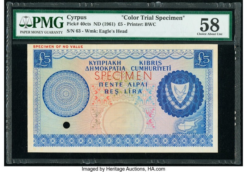 Cyprus Central Bank of Cyprus 5 Pounds ND (1961) Pick 40cts Color Trial Specimen...