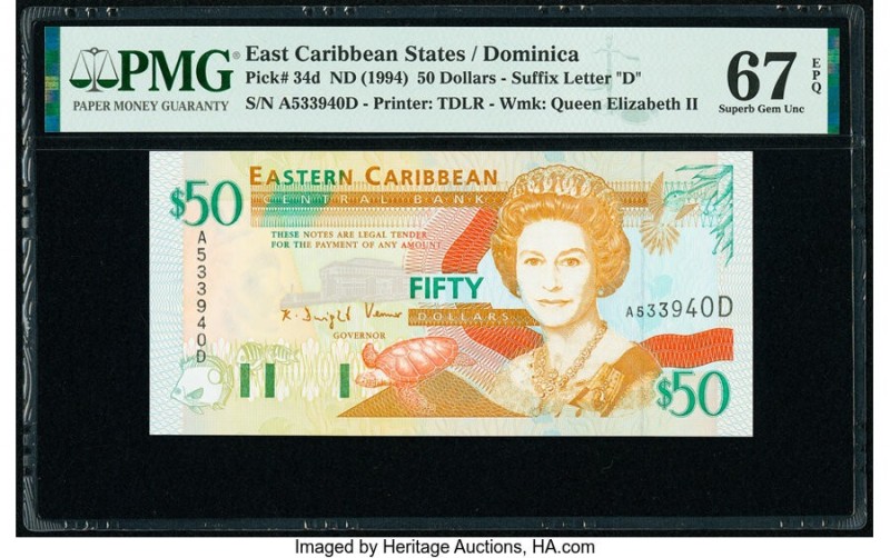 East Caribbean States Central Bank, Dominica 50 Dollars ND (1994) Pick 34d PMG S...