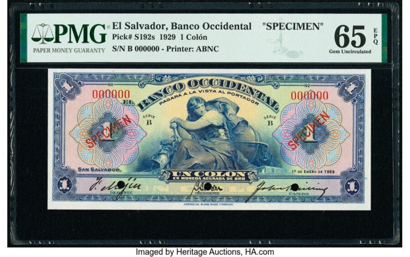 El Salvador Banco Occidental 1 Colon 1.1.1929 Pick S192s Specimen PMG Gem Uncirc...