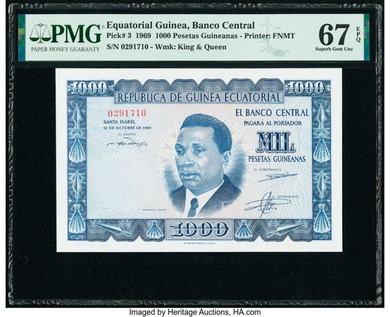 Equatorial Guinea Banco Central 1000 Pesetas Guineanas 12.10.1969 Pick 3 PMG Sup...