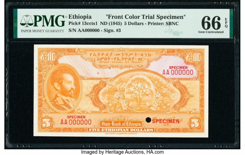 Ethiopia State Bank of Ethiopia 5 Dollars ND (1945) Pick 13ccts1 Front Color Tri...