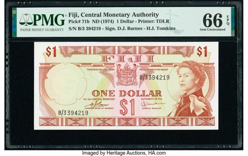 Fiji Central Monetary Authority 1 Dollar ND (1974) Pick 71b PMG Gem Uncirculated...