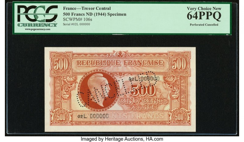 France Tresor Central 500 Francs ND (1944) Pick 106s Specimen PCGS Currency Very...