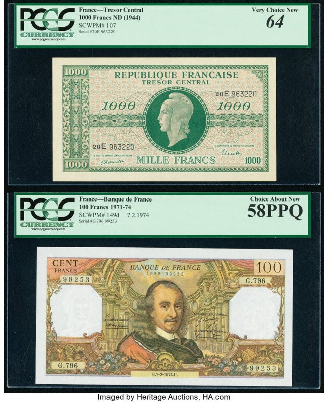 France Tresor Central 1000 Francs ND (1944) Pick 107 PCGS Very Choice New 64. Fr...