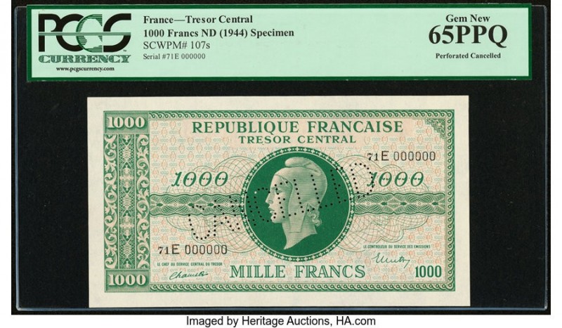 France Tresor Central 1000 Francs ND (1944) Pick 107s Specimen PCGS Currency Gem...