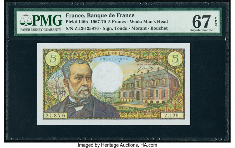 France Banque de France 5 Francs 8.1.1970 Pick 146b PMG Superb Gem Unc 67 EPQ. 
...