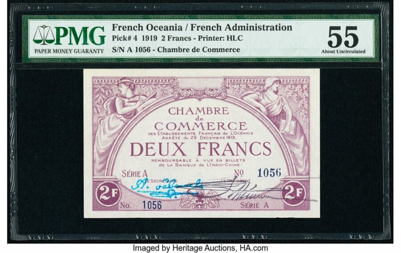 French Oceania Chambre de Commerce 2 Francs 29.12.1919 Pick 4 PMG About Uncircul...
