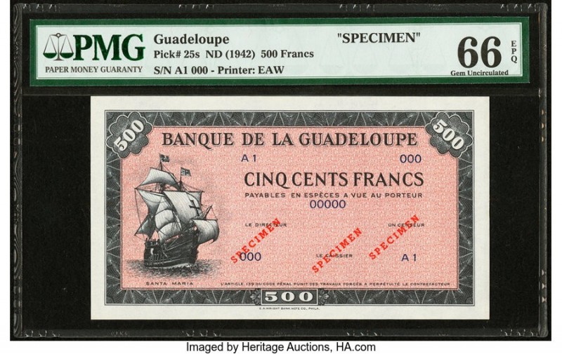 Guadeloupe Banque de la Guadeloupe 500 Francs ND (1942) Pick 25s Specimen PMG Ge...