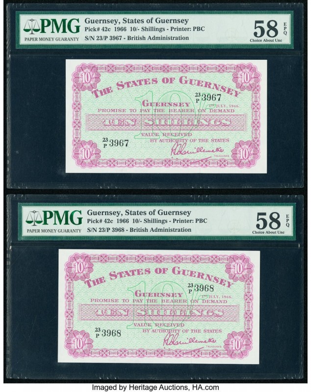 Guernsey States of Guernsey 10 Shillings 1.7.1966 Pick 42c Two Consecutive Examp...