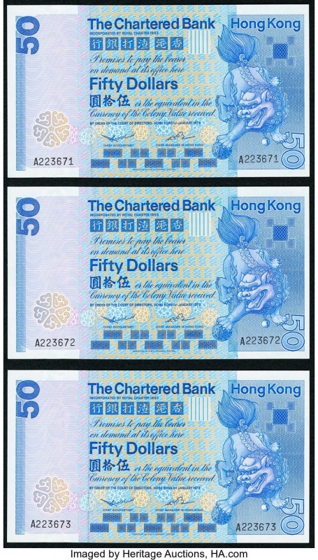 Hong Kong Chartered Bank 50 Dollars 1.1.1979 Pick 78 KNB53 Three Consecutive Exa...