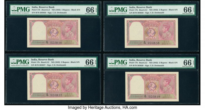 India Reserve Bank of India 2 Rupees ND (1943) Pick 17b Jhun4.2.2 Four Consecuti...