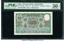 India Princely States, Hyderabad 5 Rupees ND (1938-47) Pick S273c Jhunjhunwalla-Razack 7.6.3 PMG About Uncirculated 50 EPQ. Staple holes at issue. 

H...