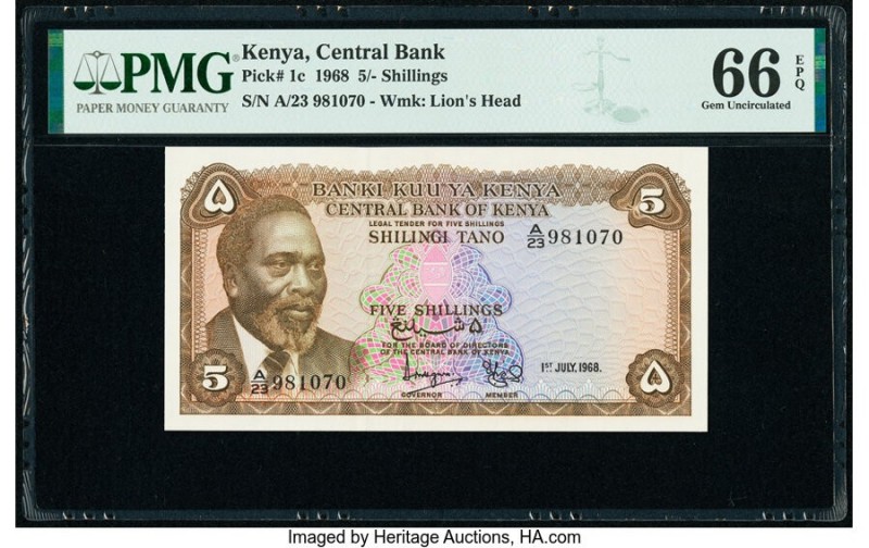 Kenya Central Bank of Kenya 5 Shillings 1.7.1968 Pick 1c PMG Gem Uncirculated 66...