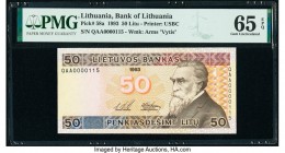 Low Numbered Lithuania Bank of Lithuania 50 Litu 1993 Pick 58a PMG Gem Uncirculated 65 EPQ. 

HID09801242017

© 2020 Heritage Auctions | All Rights Re...