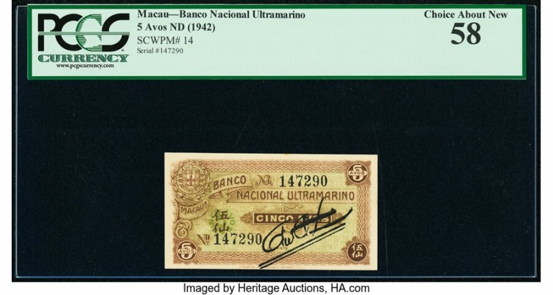 Macau Banco Nacional Ultramarino 5 Avos ND (1942) Pick 14 KNB10 PCGS Choice Abou...