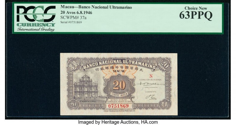 Macau Banco Nacional Ultramarino 20 Avos 6.8.1946 Pick 37a KNB22a PCGS Choice Ne...