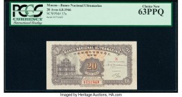 Macau Banco Nacional Ultramarino 20 Avos 6.8.1946 Pick 37a KNB22a PCGS Choice New 63PPQ. 

HID09801242017

© 2020 Heritage Auctions | All Rights Reser...
