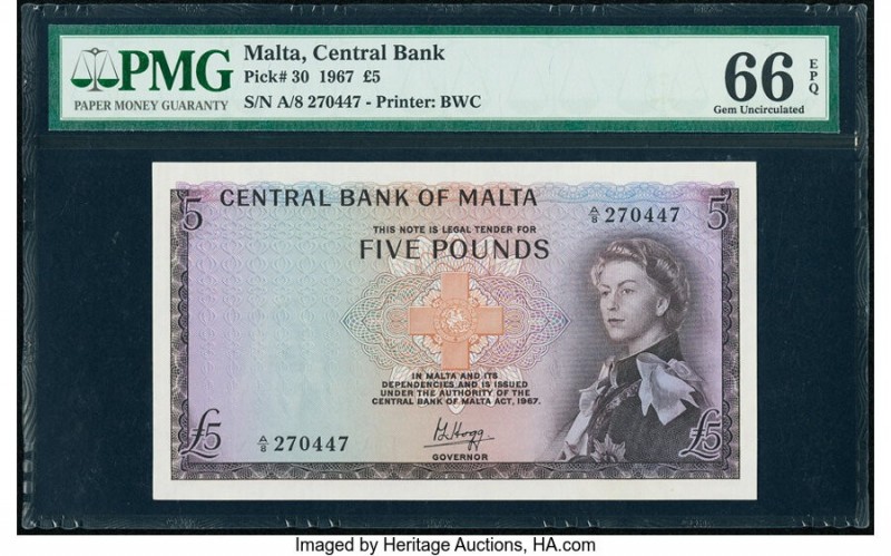 Malta Central Bank of Malta 5 Pounds 1967 (ND 1968) Pick 30 PMG Gem Uncirculated...